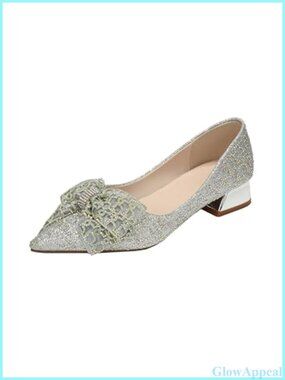 Women's Pointed Toe Pumps Low Block Heel with Rhinestones & Bow